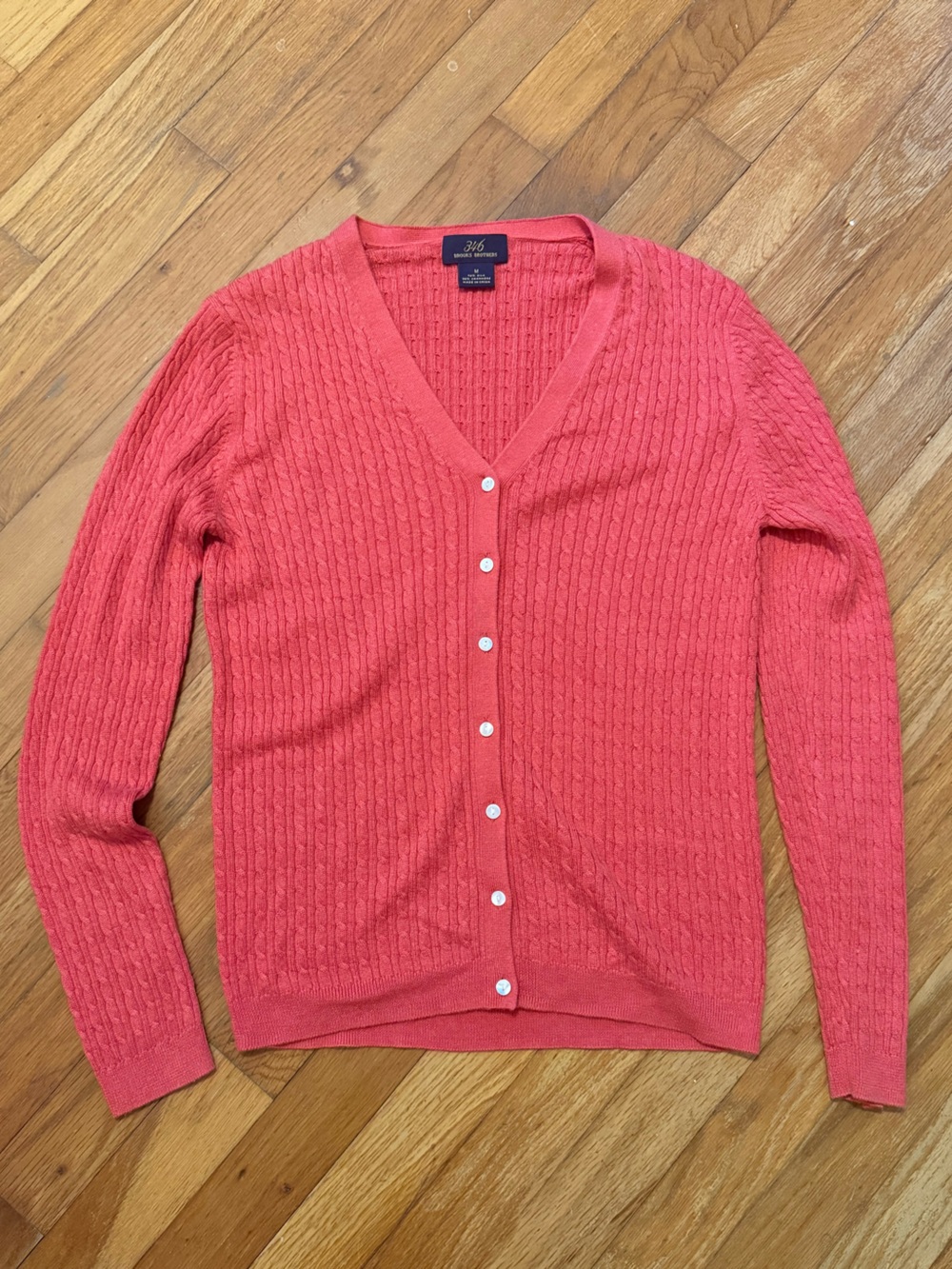 Brooks Brothers Silk & Cashmere Coral Cable-Knit V-Neck Cardigan